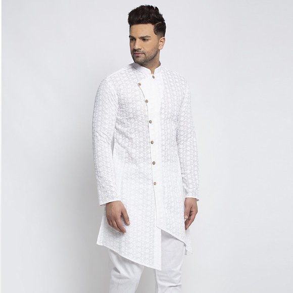 Designer White Cotton Chikankari Lucknowi Jaal Embroidered Kurta for Men - Picture 2 of 6